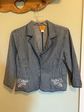 Ruby Rd. Navy and White Striped Blazer Jacket with Embroidered Pockets